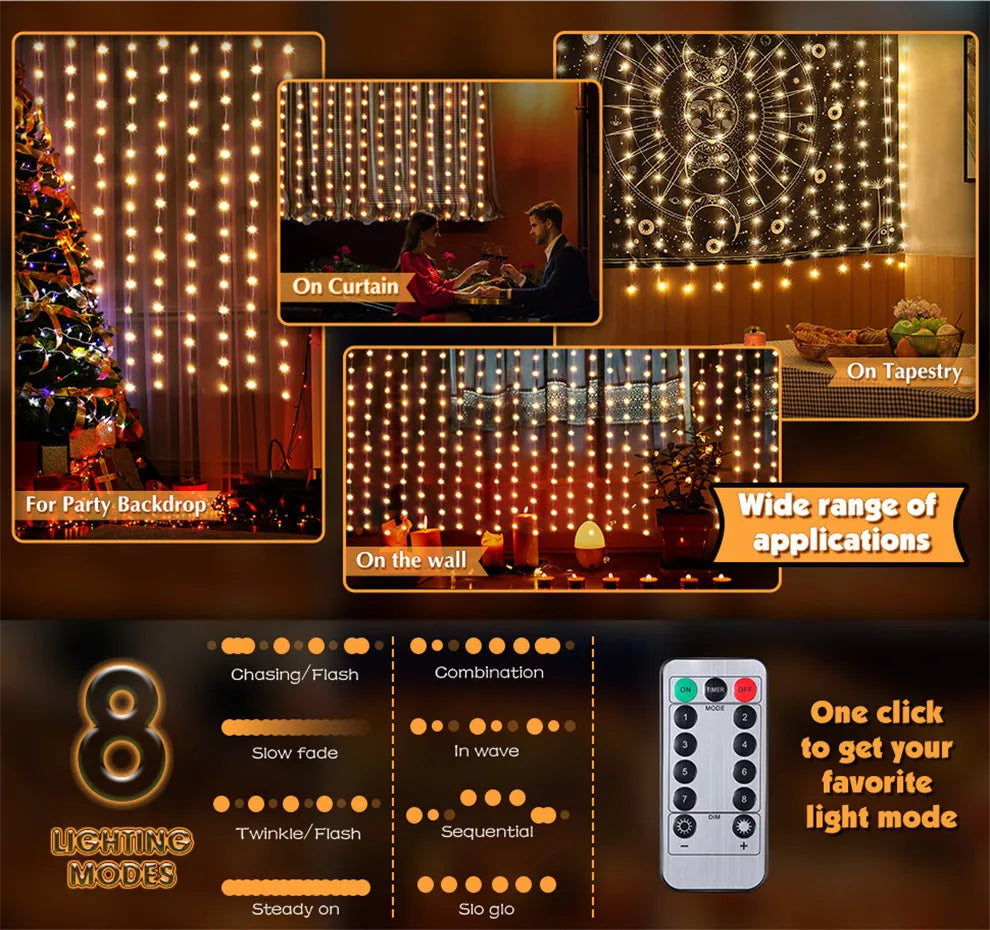 Christmas Lights LED  Curtain Lights 8 Mode Remote USB